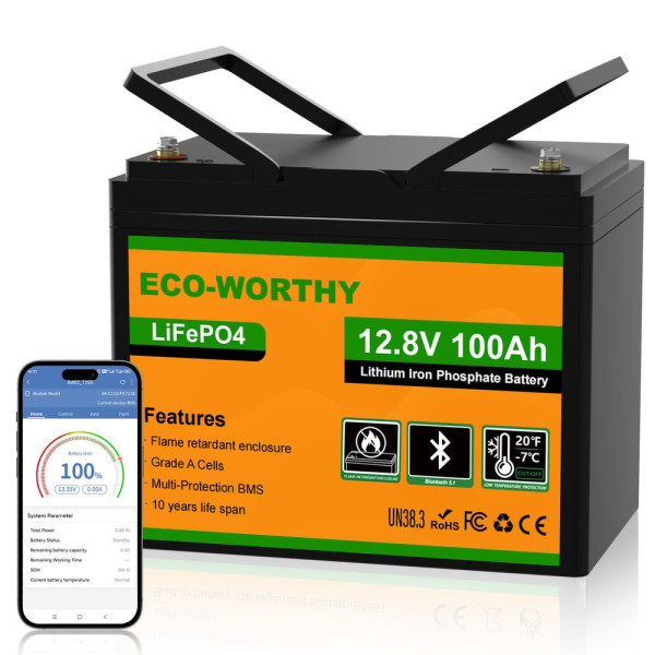 Акумуляторна батарея Eco-Worthy LiFePO4 12,8V 100Ah,(50/100A), bluetooth. -7°C до 60°C, винт M8, 260х168х209 мм. 12 кг Акумуляторна батарея Eco-Worthy LiFePO4 12,8V 100Ah,(50/100A), bluetooth. -7°C до 60°C, винт M8, 260х168х209 мм. 12 кг