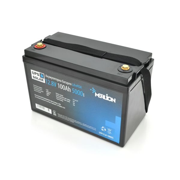 Акумуляторна батарея Merlion LiFePO4 12.8V 100AH,(4S1P/BMS-50A),(330x173x220), до 5000 циклів Акумуляторна батарея Merlion LiFePO4 12.8V 100AH,(4S1P/BMS-50A),(330x173x220), до 5000 циклів